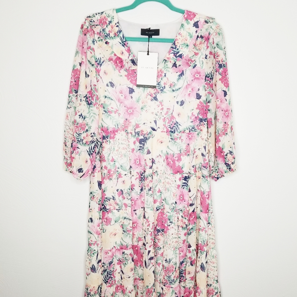 En Saison floral print tiered midi dress pink S
